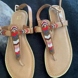 XIT Tan Beaded T-Strap Women's Leather Sandals